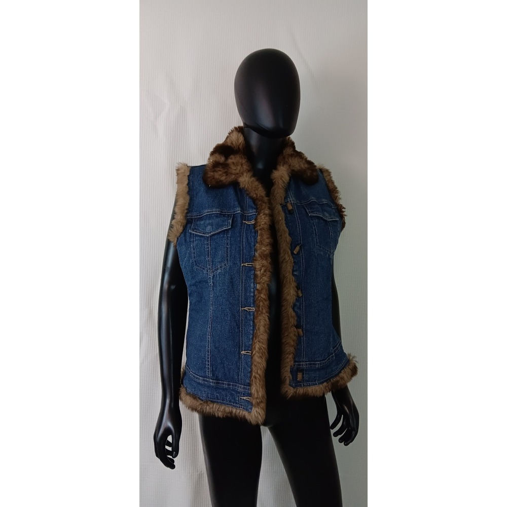 Ann Trinity Women's Blue Denim Vest Coat Jacket Faux Fur Lining Toggle Button Sm